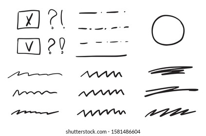 Set of hand drawn line, underline, emphasis, square, circle, check, question, exclamation vector design. Great for mobile app, web design, banner, etc