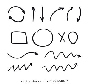 Set of hand drawn line, underline, square, circle, arrow, recycle vector design. Great for mobile app, web design, banner, etc