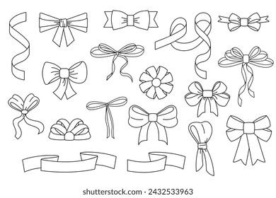 Set of hand drawn linear bows and ribbons. Bowknot for decoration