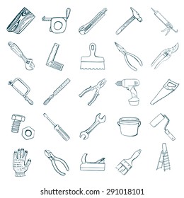 Set of hand drawn linear construction tools on white background.