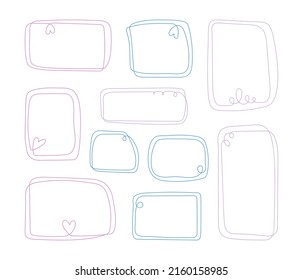 Set hand drawn linear cute frames for text or photo. Pastel line decorative elements for design, decor and collages - frames with curls, loops and hearts, doodle scribble stroke.