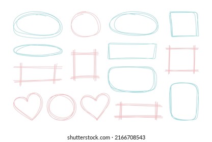 Set hand drawn linear cute frames for text or photo. Pastel lines decorative elements for design, decor and collages - geometric scribble frames, doodle stroke.