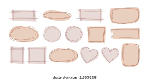Establece marcos lindos lineales dibujados a mano para texto o foto. Elementos decorativos de líneas pasteles para el diseño, la decoración y los collages - marcos geométricos de garabatos, trazo de doodle, formas de plantillas pastel.