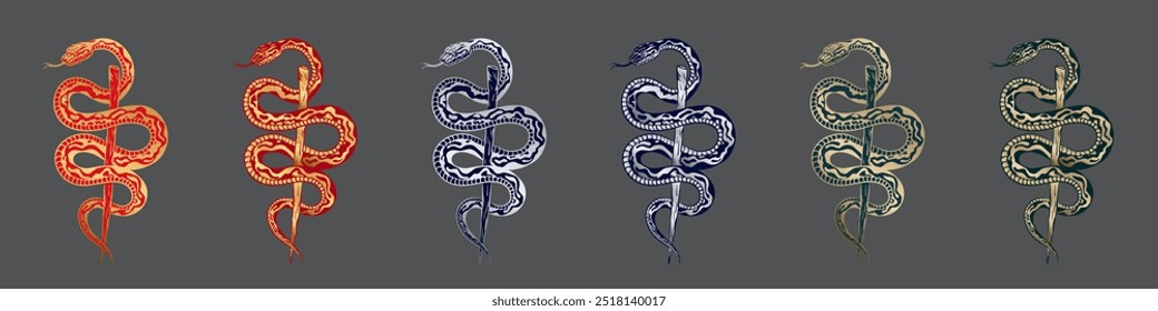 Set of hand drawn linear luxury art of a detailed mysterious snakes coiled around a stick. Vector illustration of reptiles with intricate scaled skin for poster, tattoo design, t-shirt print