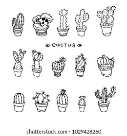 Set of hand drawn lineart cactuses. Houseplant cactus collection.