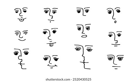 Conjunto de faces de caneta de revestimento desenhadas à mão. Olhares dos personagens de desenhos animados.