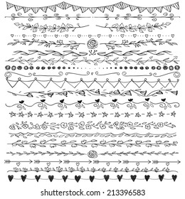 Set of hand drawn lines border and elegant design elements. White and black colors. Illustration vector. Can be use as decoration.
