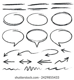 Set of hand drawn lines, brush lines, underlines, arrows, speech bubbles, round frames. Hand drawn collection of various shapes. Isolated on white. Vector illustration