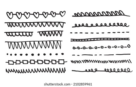 Conjunto de líneas y divisores dibujados a mano. Elementos de diseño de doodle vectorial sobre fondo blanco.