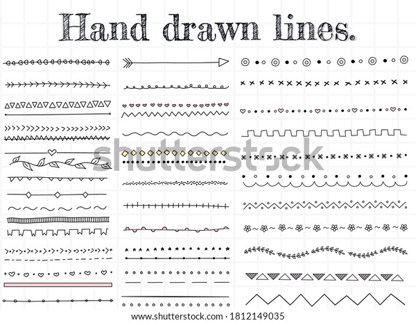 Set of hand drawn lines and\
dividers Vector. Lines, borders and laurels set. Doodle design\
elements.