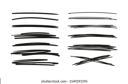 Set of hand drawn lines. Doodle design. Scribble with a pen, stripes with a pencil. Black abstract elements for design. Stock vector isolated on white background.