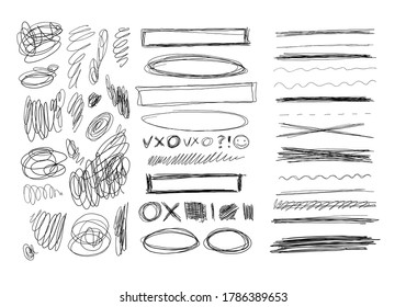 Set of hand drawn lines. Doodle design. Scribble with a pen, stripes with a pencil. Black abstract elements for design. Stock vector isolated on white background