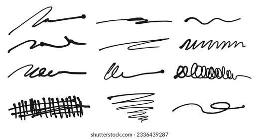 Set of hand drawn lines. Doodle design element with underline, scribble, swashes, swoops. swirl. vector illustration