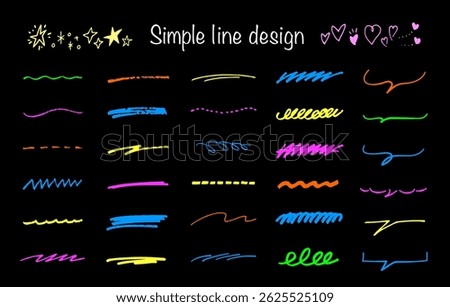 Set of hand drawn lines. Doodle marker pen. Underline vector. Neon and fluorescent colors.