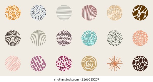 Set of hand drawn lines pattern doodle style round shapes isolated  on cream background. Vector graphic illustration