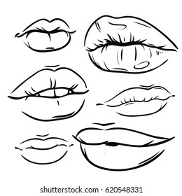 Set of Hand drawn in lines sexy women lips fashion vector illustration facial expression female lips