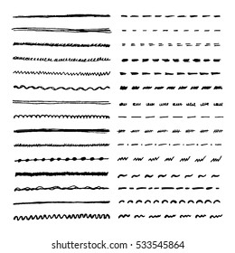 Set Of Hand Drawn Lines. Vector Dotted, Zigzag, Wavy And Straight Lines For Brushes