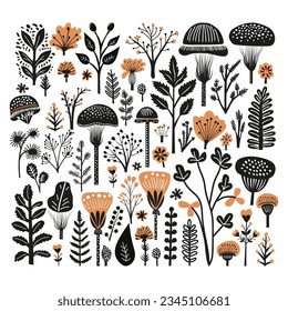 Set with hand drawn linocut wild flowers, trees, leaves and mushrooms. Isolated on white background vector illustration