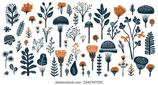 Set with hand drawn linocut wild flowers, trees, leaves and mushrooms. Isolated on white background vector illustration