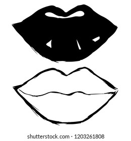 Set hand drawn lips, contour and silhouette. Vector illustration isolated on white background, clipart.