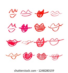 Set of hand drawn lipstick kiss symbols. Sketched lip silhouette. Vector décor element. Clipart, isolated.