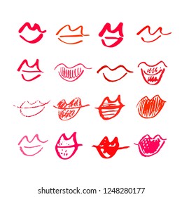 Set of hand drawn lipstick kiss symbols. Sketched lip silhouette. Vector décor element. Clipart, isolated.