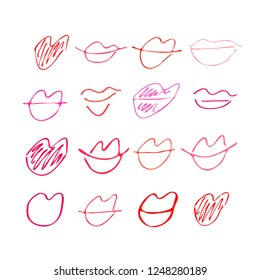 Set of hand drawn lipstick kiss symbols. Sketched lip silhouette. Vector décor element. Clipart, isolated.