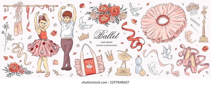 Está decorado con pequeños bailarines dibujados a mano y elementos de la escuela de ballet. Ballet de baile de niñas y niños. Ilustración del vector