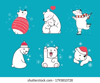 Set of hand drawn little polar bears in different poses on blue background with snowflakes. Christmas concept.  Vector illustration.