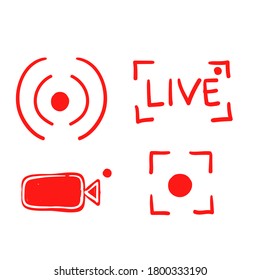 Establecer los iconos de streaming en vivo a mano. Conjunto de imágenes de transmisión de video y streaming en vivo. Botón, símbolos rojos para TV, noticias, películas, programas. garabato