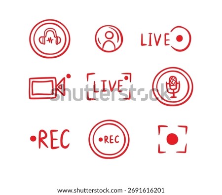  Set hand drawn live streaming doodle icons. Video broadcasting Button, red symbols. TV, news, shows. Vector illustration