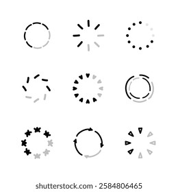 Set of hand drawn Loading  black circular downloads rotating on transparent background