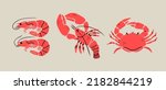 Set of hand drawn Lobster, Shrimps, Crab. Seafood shop logo, signboard, restaurant menu, fish market, banner, poster design templates. Fresh shellfish products. Trendy Vector illustration. Flat design