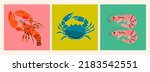 Set of hand drawn Lobster, Shrimps, Crab. Seafood shop logo, signboard, restaurant menu, fish market, banner, poster design templates. Fresh shellfish products. Trendy Vector illustration. Flat design