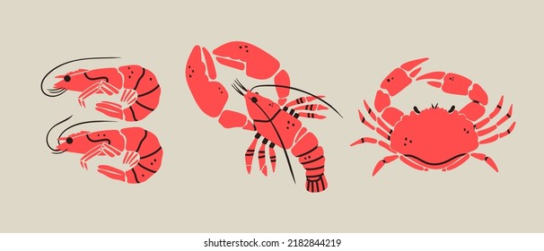 Set of hand drawn Lobster, Shrimps, Crab. Seafood shop logo, signboard, restaurant menu, fish market, banner, poster design templates. Fresh shellfish products. Trendy Vector illustration. Flat design