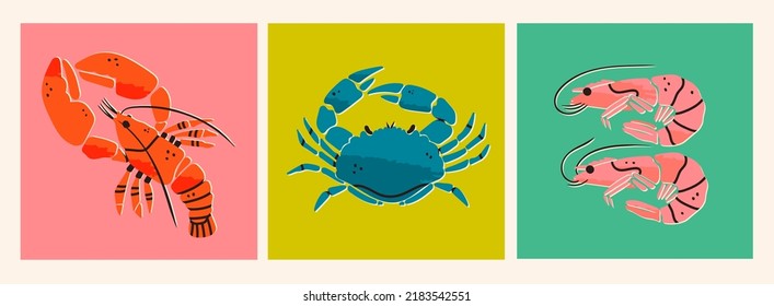 Lobster dibujado a mano, gambas, cangrejo. Logo de la tienda de mariscos, carteles, menú del restaurante, mercado de pescado, pancarta, plantillas de diseño de afiches. Productos de marisco frescos. Ilustración de moda vectorial. Diseño plano