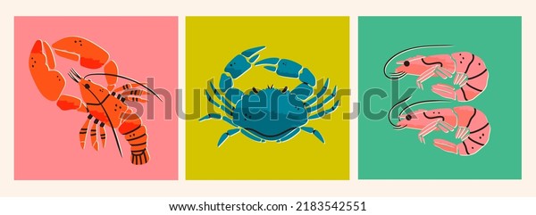 Set of hand drawn Lobster, Shrimps, Crab. Seafood\
shop logo, signboard, restaurant menu, fish market, banner, poster\
design templates. Fresh shellfish products. Trendy Vector\
illustration. Flat design