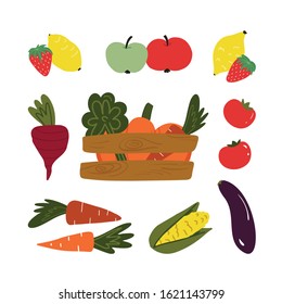Set of hand drawn local fresh vegetables and fruits in wood packing-box like pumpkin, carrots, apples, strawberry, letuce, beet and other.  Flat vector illustration on isolated background.