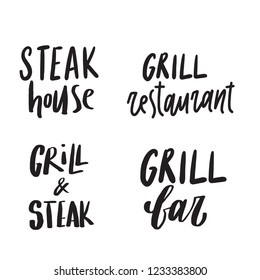 Set of hand drawn logo concepts for grill. steak bar, restaurant. Lettering. Vector design.