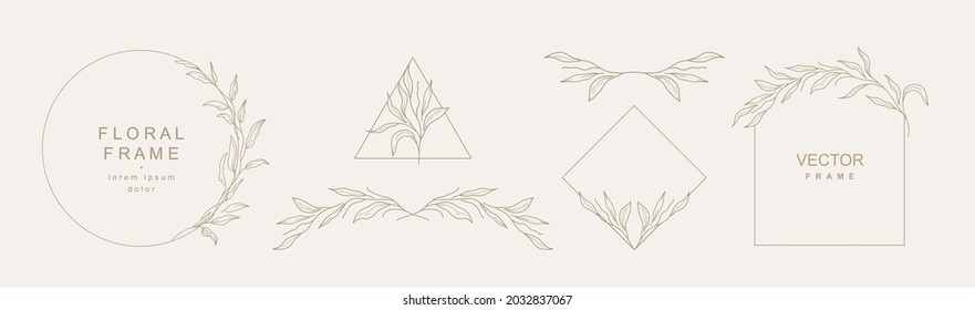Set hand drawn logo design elements, geometric floral frames, borders, wreaths. Trendy  elegant logo template. Vector illustration