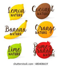 Set of hand drawn logo, labels and stickers of fruit. Vector illustrations for food and drink, restaurant and bar, menu, fruit market.