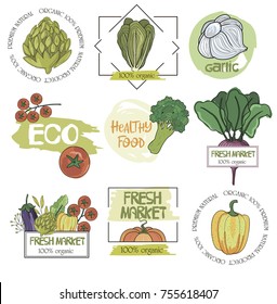 Set of hand drawn logo for organic food, healthy, fresh market, eco. Editable vector illustration