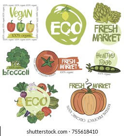 Set of hand drawn logo for organic food, healthy, fresh market, eco. Editable vector illustration