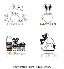 Set of hand drawn logo templates with rabbits