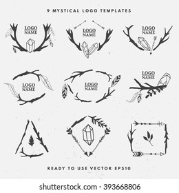 Set of hand drawn logo templates in tribal style. Mystical forest doodle Logo Collection, handsketched style