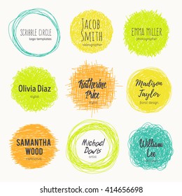 Set of hand drawn logo templates. Sketched style. Vector set of scribble circles. Decorative round frames for your design.