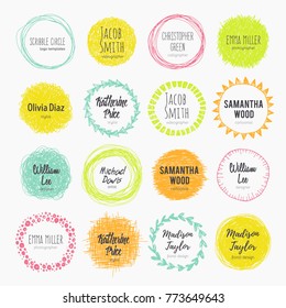 Set of hand drawn logo templates. Vector set of scribble circles. Sketched style. Decorative round frames for your design. 