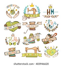 Set of hand drawn logos for sewing workshop, handmade workshop, shop for crafts, products for sewing, tailor shop. Handmade workshop logo vintage vector set.
