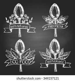 Set of hand drawn logos with spoon: farm fresh, organic, natural on the blackboard