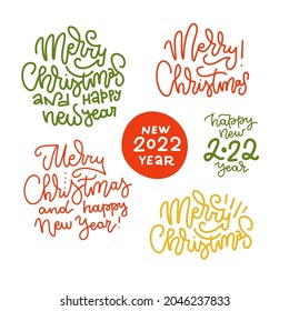 Set of hand drawn lonear lettering - Merry Christmas, Happy New Year. Vector calligraphy phrases for prints, greeting posters, banners, holiday cards. Overlay text isolated on white background